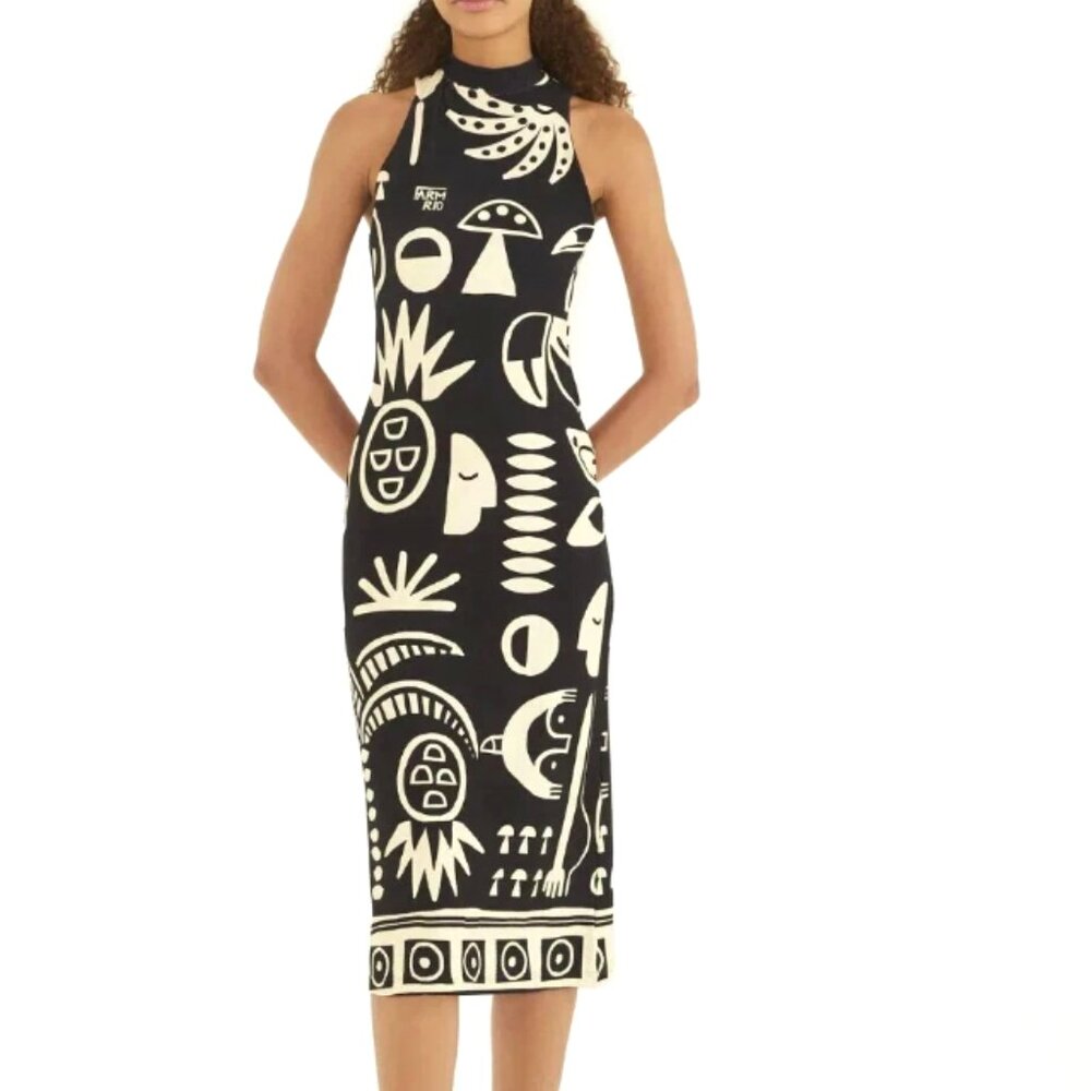 Farm Rio Black Tropicano Scarf Printed Midi Dress Modern Wear